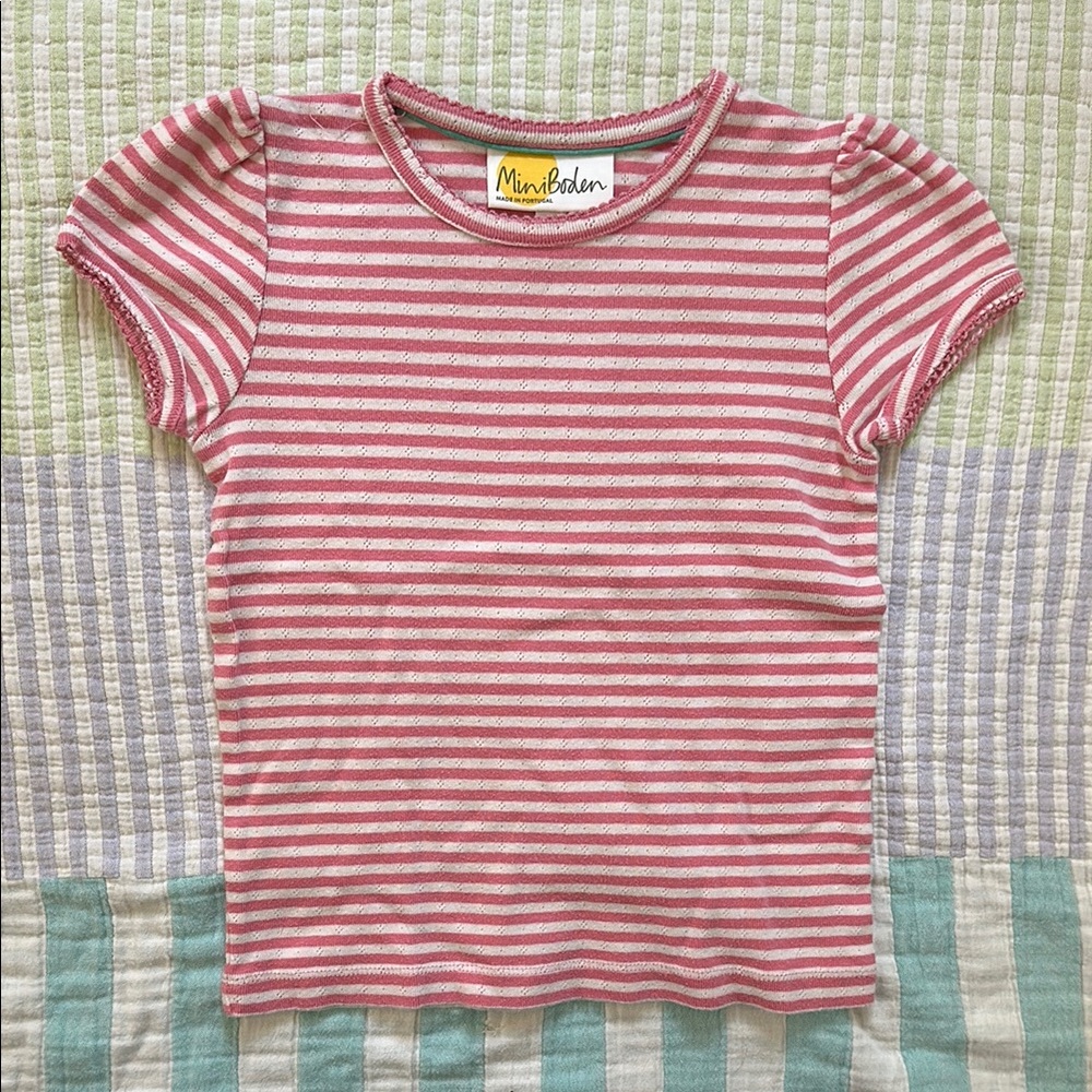 Mini Boden Pink Striped Pointelle Tee